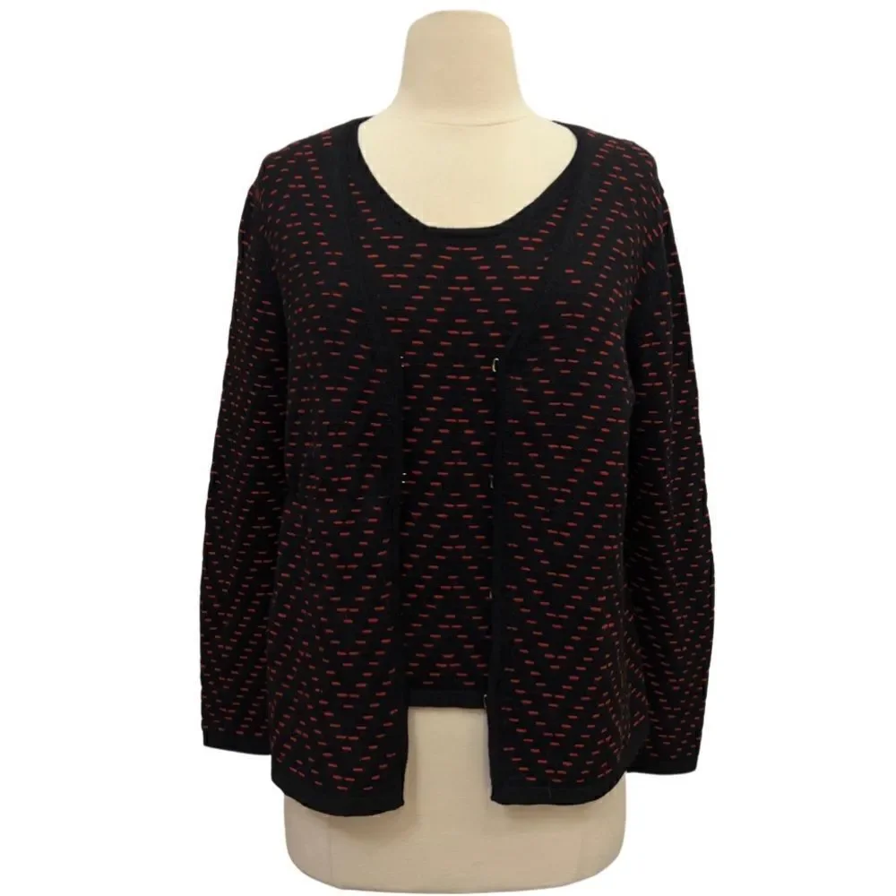 Lux Les Copains 2 Piece Textured Red Black Wool Cardigan and Sleeveless Blouse